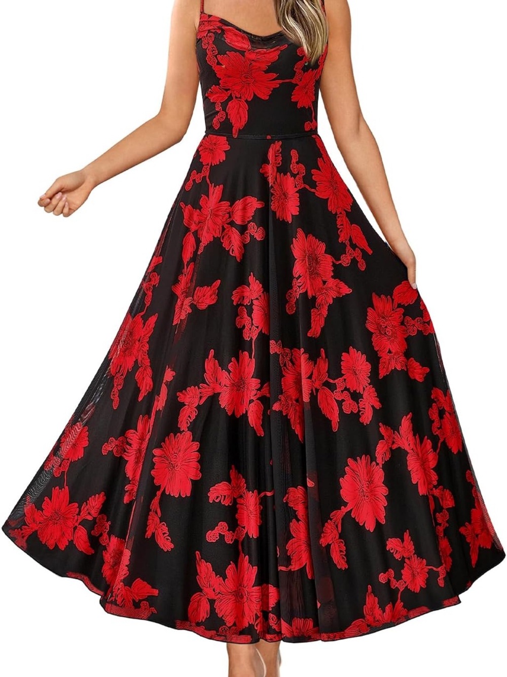 Black Maxi Dress with Red Floral Appliqué Spaghetti Straps